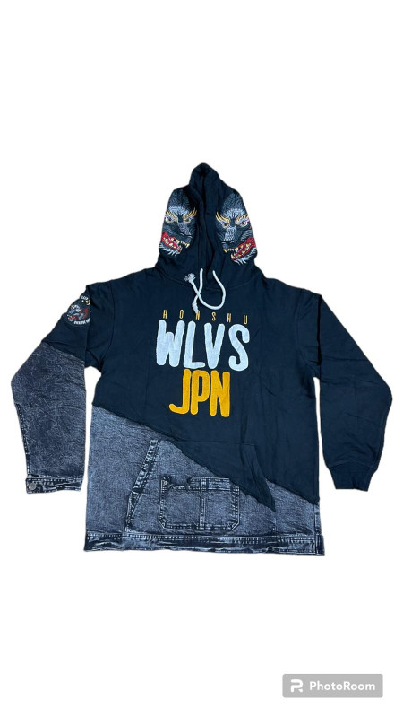 Very Rare- Iro Ochi Navy Half Denim Honshu WLVS JPN Embroidered Hoodie 2XL