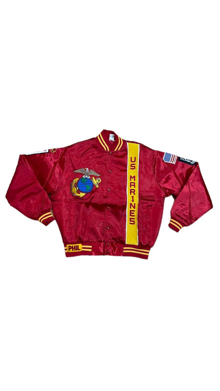 US Marine Corps Operation Desert Storm Iraq Kuwait Saudi Arabia Patch Vintage Bomber Jacket Quilted Lining Snap Front Varsity Jacket Size Large 42-44 RED • MULTI •