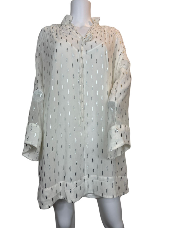 H&M White And Silver Chiffon Bell Sleeve Tunic Dress size S @H&M WHITE •